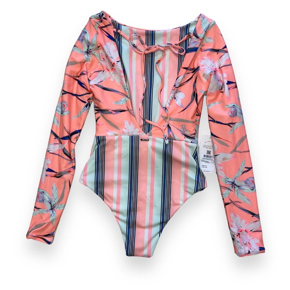 Maaji Long Sleeve One Piece Swimsuit Reversible Stripes and Floral Coral Pink - Picture 2 of 9